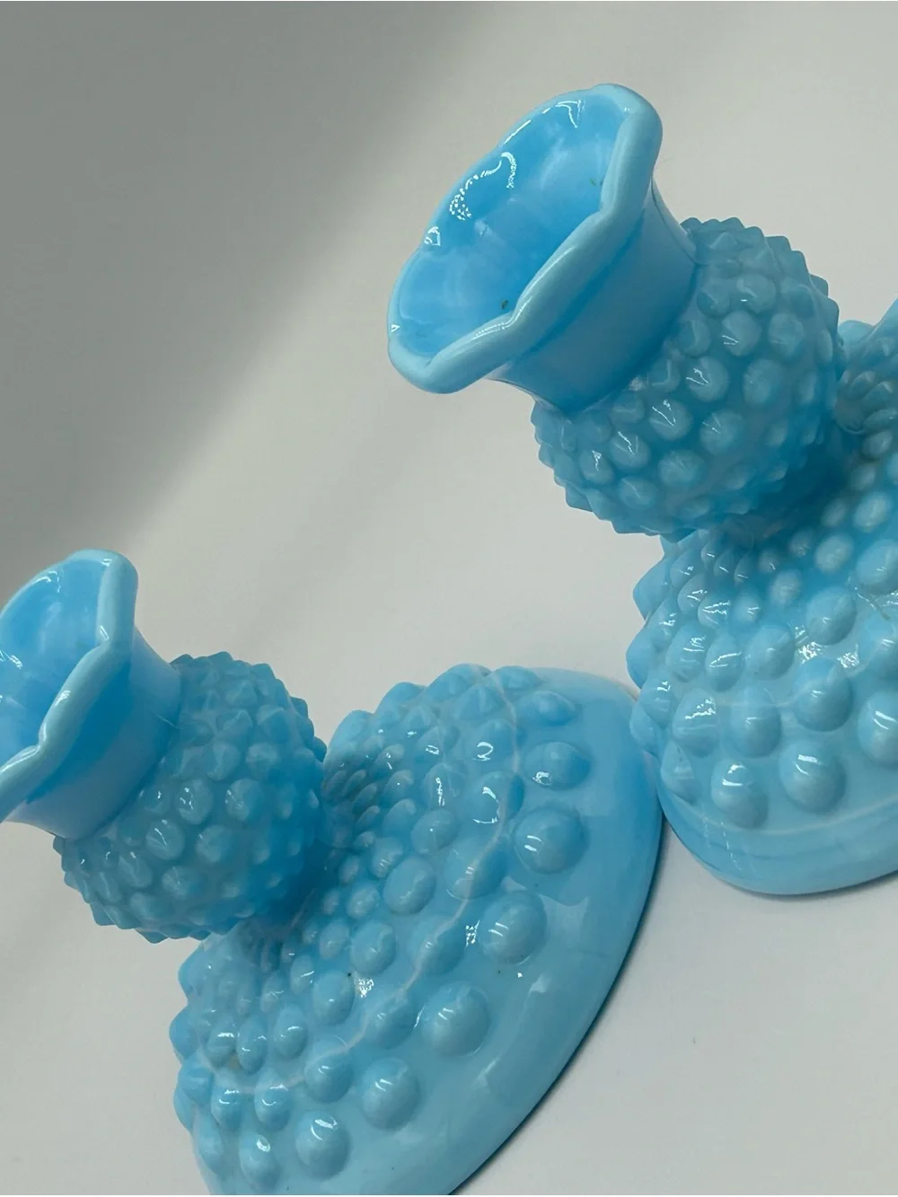 Pair of Vintage Fenton Blue Hobnail Milk Glass Vases